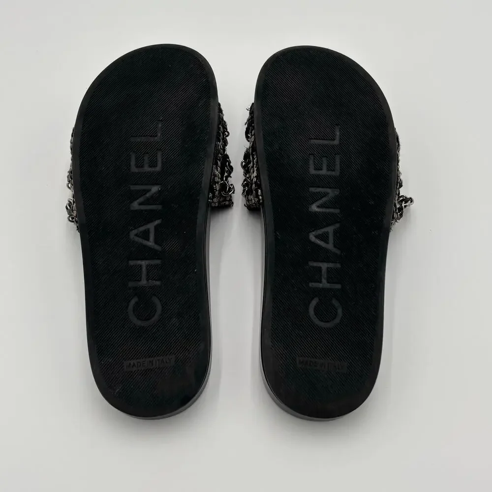 Chanel CC Chain Slide Sandals Flat Canvas Slip On Shoes Black Tweed Size 38